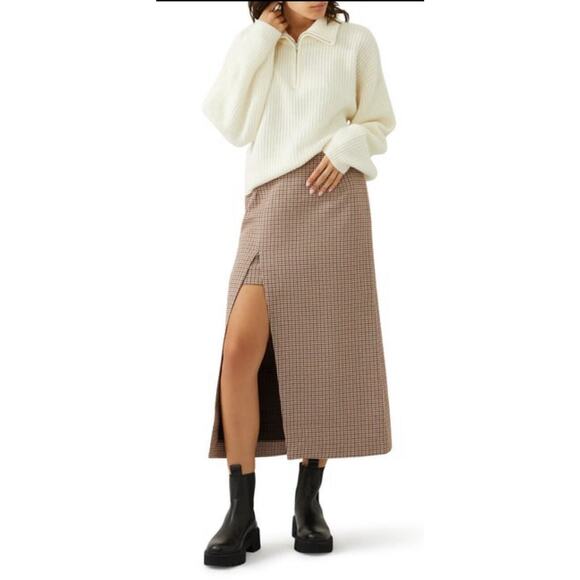 Maje Jaisa Houndstooth Thigh-High Front Slit Midi-Skirt Brown Women's Sz US 6 - Picture 1 of 9